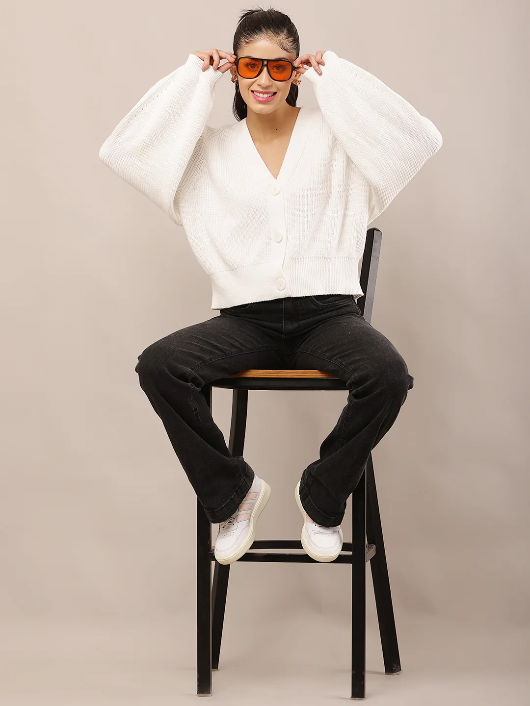Women White V-Neck Knit Cardigan with Sleeves - Image 3