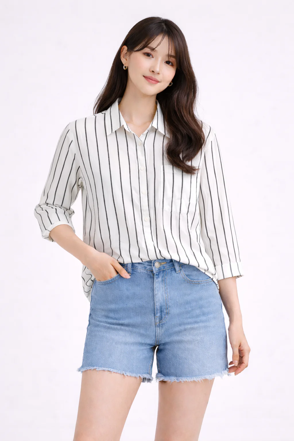 Women White Vertical Striped Cotton Shirt