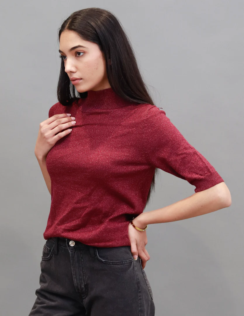 Women Wine High Neck Elbow Sleeve - Image 2