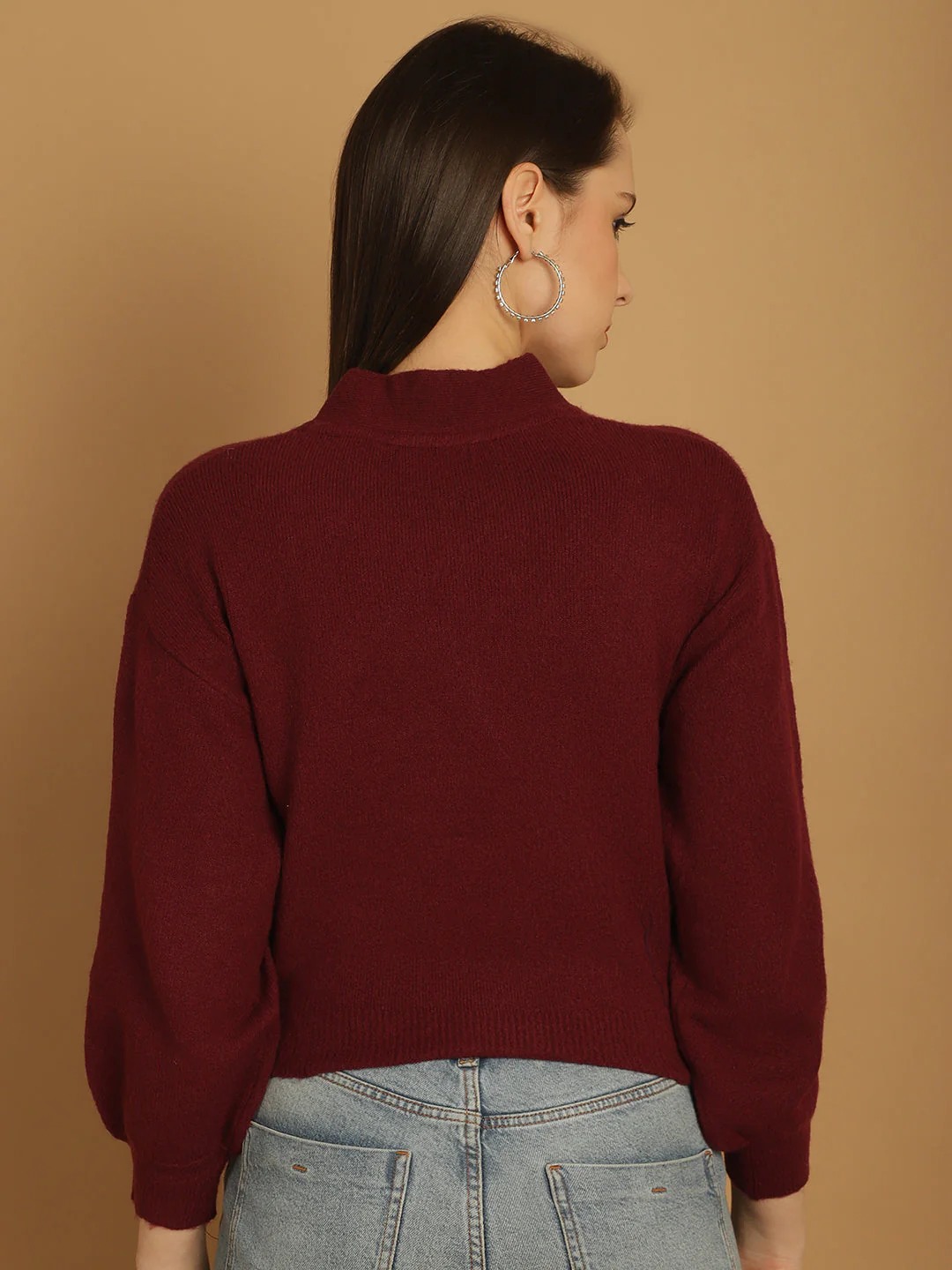 Women Wine V Neck Cardigan - Image 3