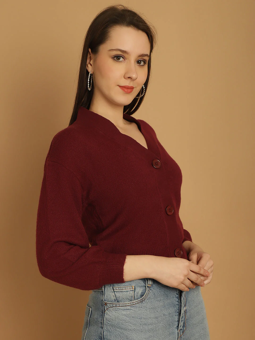 Women Wine V Neck Cardigan - Image 5