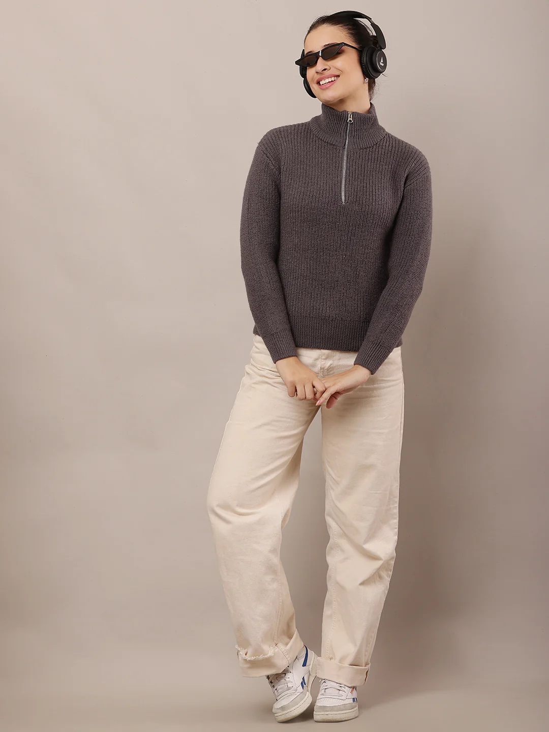 Women Wool Full Sleeve with High-neck with zip Grey Sweater - Image 2