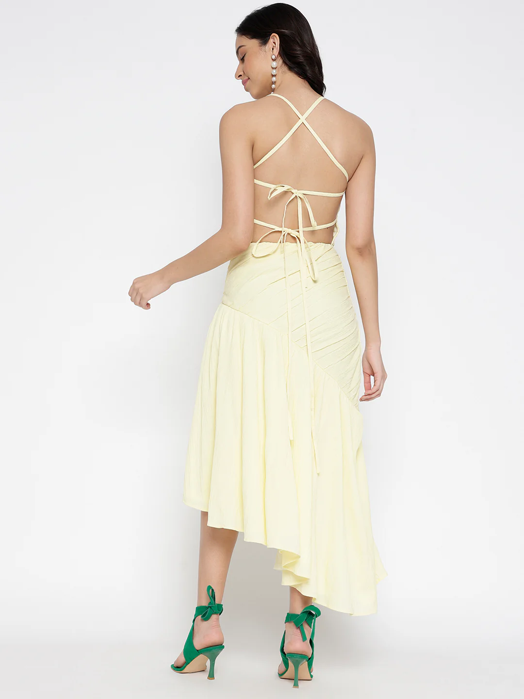 Women Yellow Crepe Backless Beauty Midi Dress - Image 2