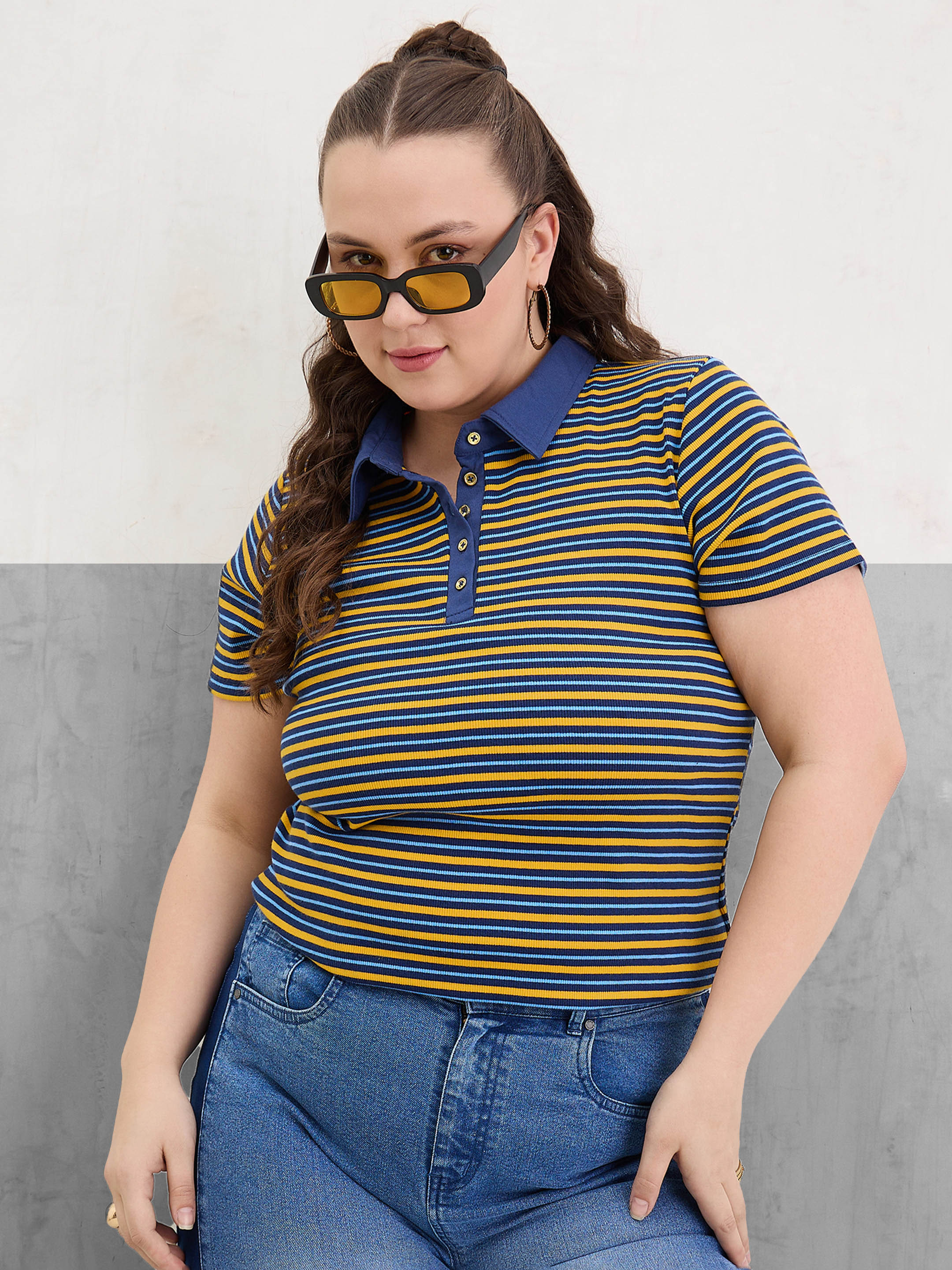 Women Yellow & Navy Rib Stripe Polo Neck Top